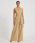 Express Women's Crepe V-Neck Tie Waist Wide Leg Palazzo Jumpsuit With Pockets in Brown Small