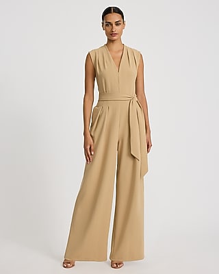 Express Women's Crepe V-Neck Tie Waist Wide Leg Palazzo Jumpsuit With Pockets in Brown Small