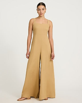 Express Women's Linen-Blend Square Neck Wide Leg Palazzo Jumpsuit in Brown Small