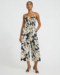 Express Women's Stretch Cotton Poplin Floral Tie Front Wide Leg Palazzo Cropped Jumpsuit With Pockets in B&w Print