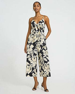 Express Women's Stretch Cotton Poplin Floral Tie Front Wide Leg Palazzo Cropped Jumpsuit With Pockets in B&w Print