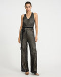 Express Women's Crochet Halter V-Neck Sleeveless Belted Jumpsuit in Black Small