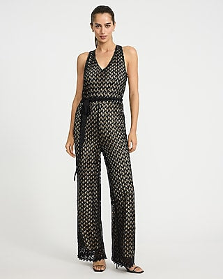 Express Women's Crochet Halter V-Neck Sleeveless Belted Jumpsuit in Pitch Black