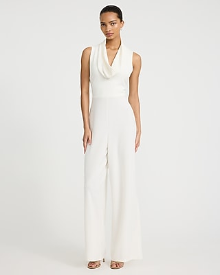 Express Women's Cowl Neck Sleeveless Wide Leg Palazzo Jumpsuit With Pockets in White Small