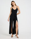 Express Women's Scoop Neck Sleeveless Tie Waist Split Leg Jumpsuit in Pitch Black