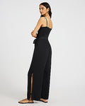 Express Women's Square Neck Tie Waist Split Hem Jumpsuit With Pockets in Black Small