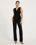 Express Women's Mixed Media Lace V-Neck Wrap Tie Wide Leg Palazzo Jumpsuit in Pitch Black