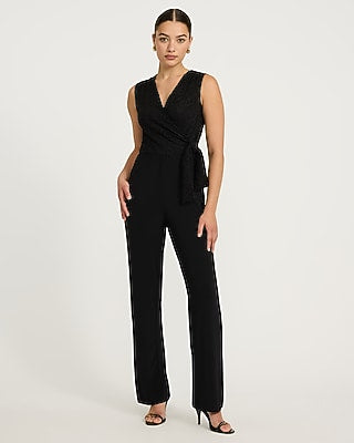 Express Women's Mixed Media Lace V-Neck Wrap Tie Wide Leg Palazzo Jumpsuit in Pitch Black