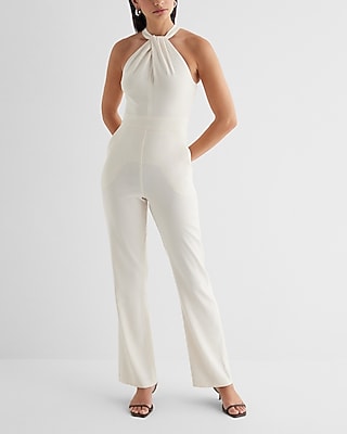 Express Women's Twist Halter Neck Flare Leg Jumpsuit in Swan