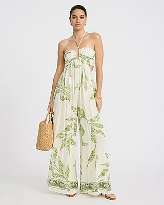 Express Women's Printed Tie Halter Sleeveless Cutout Wide Leg Palazzo Jumpsuit in Green Small