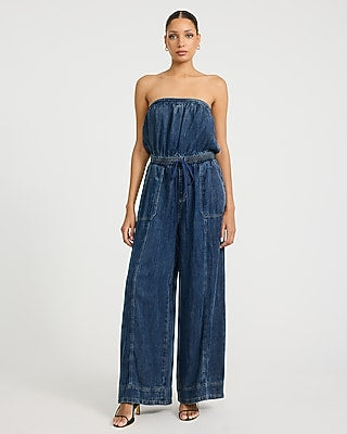 Express Women's Denim Strapless Tie Waist Utility Jumpsuit With Pockets in Blue Small