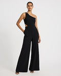Express Women's Crepe One Shoulder Gold Hardware Cutout Jumpsuit With Pockets in Pitch Black