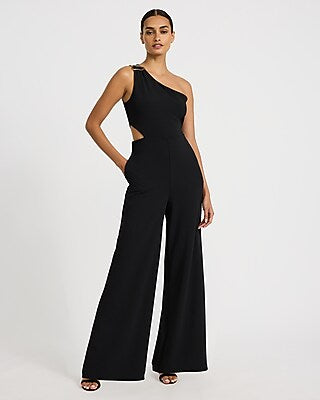 Express Women's Crepe One Shoulder Gold Hardware Cutout Jumpsuit With Pockets in Pitch Black