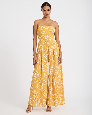 Express Women's Satin Printed Strapless Tie Back Wide Leg Palazzo Jumpsuit in Yellow Print
