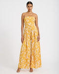 Express Women's Satin Printed Strapless Tie Back Wide Leg Palazzo Jumpsuit in Yellow Small