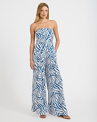 Express Women's Satin Zebra Strapless Wide Leg Palazzo Jumpsuit With Pockets in Blue Print