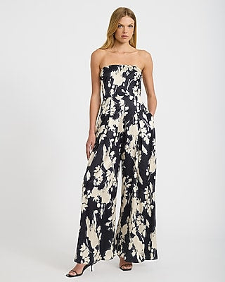 Express Women's Floral Satin Strapless Wide Leg Palazzo Jumpsuit With Pockets Small