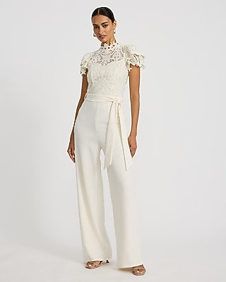 Express Women's Lace Mock Neck Flutter Sleeve Tie Waist Wide Leg Palazzo Jumpsuit in White Small