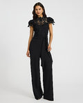 Express Women's Lace Mock Neck Flutter Sleeve Tie Waist Wide Leg Palazzo Jumpsuit in Black Small