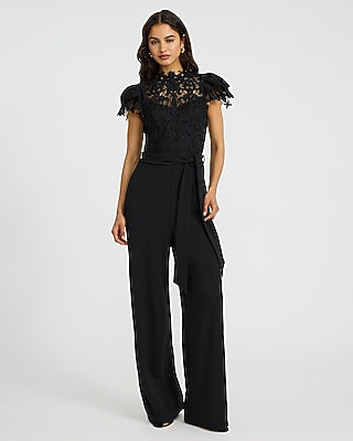 Express Women's Lace Mock Neck Flutter Sleeve Tie Waist Wide Leg Palazzo Jumpsuit in Black Small