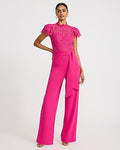 Express Women's Lace Mock Neck Flutter Sleeve Tie Waist Wide Leg Palazzo Jumpsuit in Pink Small