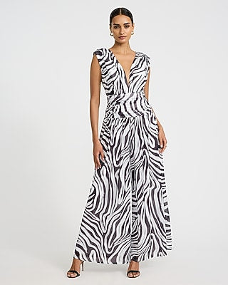 Express Women's Mesh Zebra V-Neck Sleeveless Ruched Palazzo Jumpsuit in Black Print