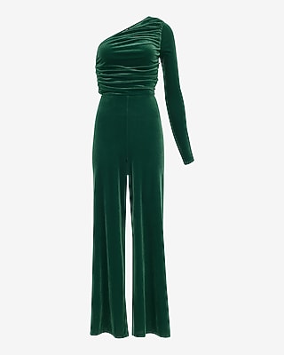 Express Women's Velvet One Shoulder Ruched Cutout Jumpsuit in Emerald