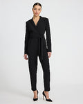 Express Women's Crepe V-Neck Belted Tapered Leg Blazer Jumpsuit With Pockets in Pitch Black