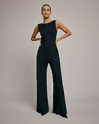 Express Women's Signature Ponte Boat Neck Sleeveless Wide Leg Palazzo Jumpsuit in Black Small