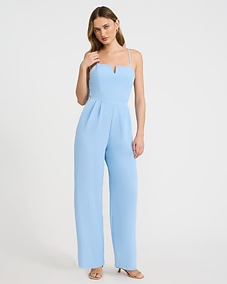 Express Women's V-Bar Sleeveless Smocked Back Wide Leg Palazzo Jumpsuit in Blue Small