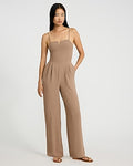 Express Women's V-Bar Sleeveless Smocked Back Wide Leg Palazzo Jumpsuit in Chocolate Truffle