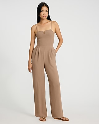 Express Women's V-Bar Sleeveless Smocked Back Wide Leg Palazzo Jumpsuit in Chocolate Truffle