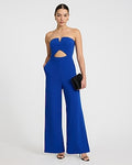 Express Women's Strapless Cutout Wide Leg Palazzo Jumpsuit With Pockets in Blue Small