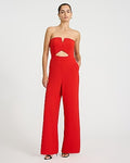 Express Women's Strapless Cutout Wide Leg Palazzo Jumpsuit With Pockets in Red Small