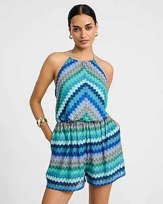 Express Women's Chevron Crochet Tie Halter Romper With Pockets in Blue Small