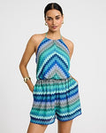 Express Women's Chevron Crochet Tie Halter Romper With Pockets in Navy Stripe