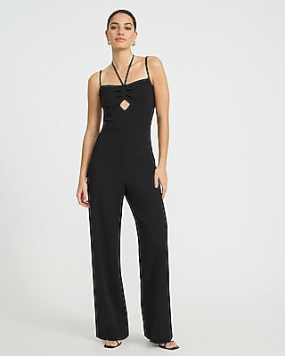 Express Women's Tie Halter Strappy Cutout Wide Leg Palazzo Jumpsuit in Black Small