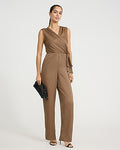 Express Women's V-Neck Tie Waist Metallic Wide Leg Palazzo Jumpsuit in Light Mocha