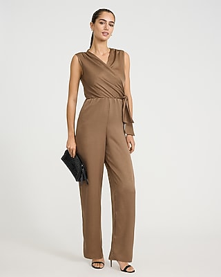 Express Women's V-Neck Tie Waist Metallic Wide Leg Palazzo Jumpsuit in Light Mocha