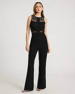 Women's Express X Bebe Lace Pieced Crew Neck Wide Leg Palazzo Jumpsuit in Pitch Black