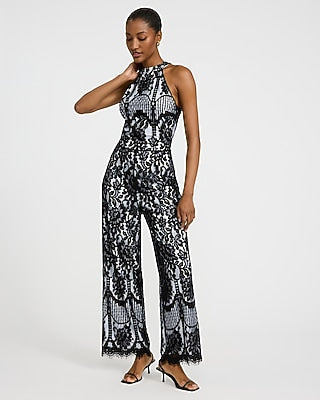 Women's Express X Bebe Lace Color Block Halter Jumpsuit in Pitch Black
