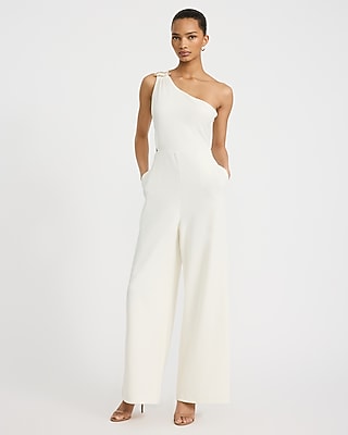 Express Women's Crepe One Shoulder Gold Hardware Cutout Jumpsuit With Pockets in White Small