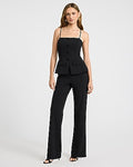 Express Women's Square Neck Button Front Peplum Tailored Wide Leg Palazzo Jumpsuit in Pitch Black