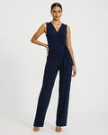 Express Women's V-Neck Wrap Tie Waist Wide Leg Palazzo Jumpsuit in Blue Small