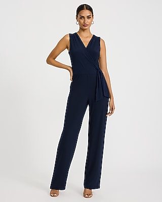 Express Women's V-Neck Wrap Tie Waist Wide Leg Palazzo Jumpsuit in Blue Small