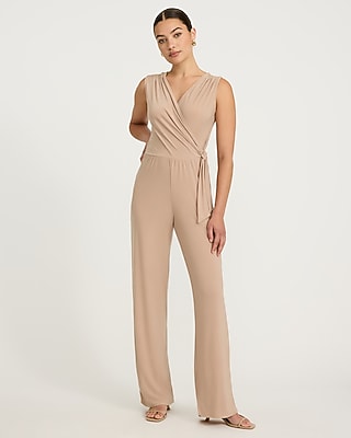 Express Women's V-Neck Wrap Tie Waist Wide Leg Palazzo Jumpsuit in Light Khaki