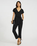 Express Women's V-Neck Tie Waist Straight Leg Jumpsuit With Pockets in Pitch Black
