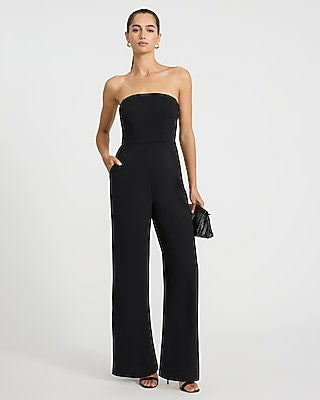 Express Women's Crepe Strapless Wide Leg Palazzo Jumpsuit With Pockets in Black Small