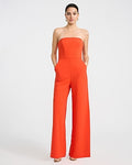 Express Women's Crepe Strapless Wide Leg Palazzo Jumpsuit With Pockets in Orange Small