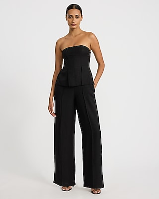 Express Women's Strapless Peplum Wide Leg Palazzo Jumpsuit With Pockets in Black Small